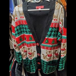 33 Degrees Cat Cardigan Bows Houndstooth Sequins Ugly Christmas Sweater Large
